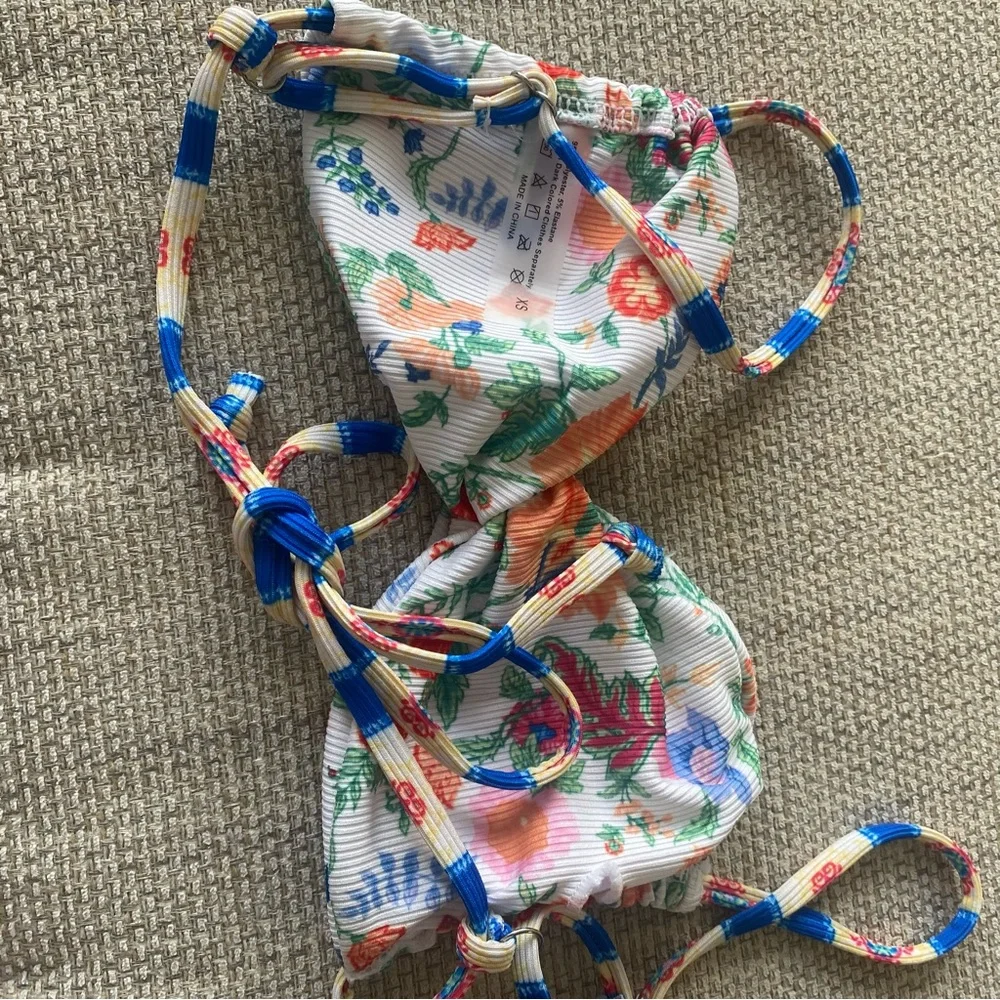 Floral Ribbed Bikini Top & Bottom Set - White with Multicolor Floral Print